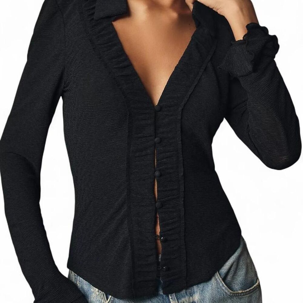 By Anthropologie Textured Long-Sleeve Buttondown Top - Black - Size S - NWOT (SO